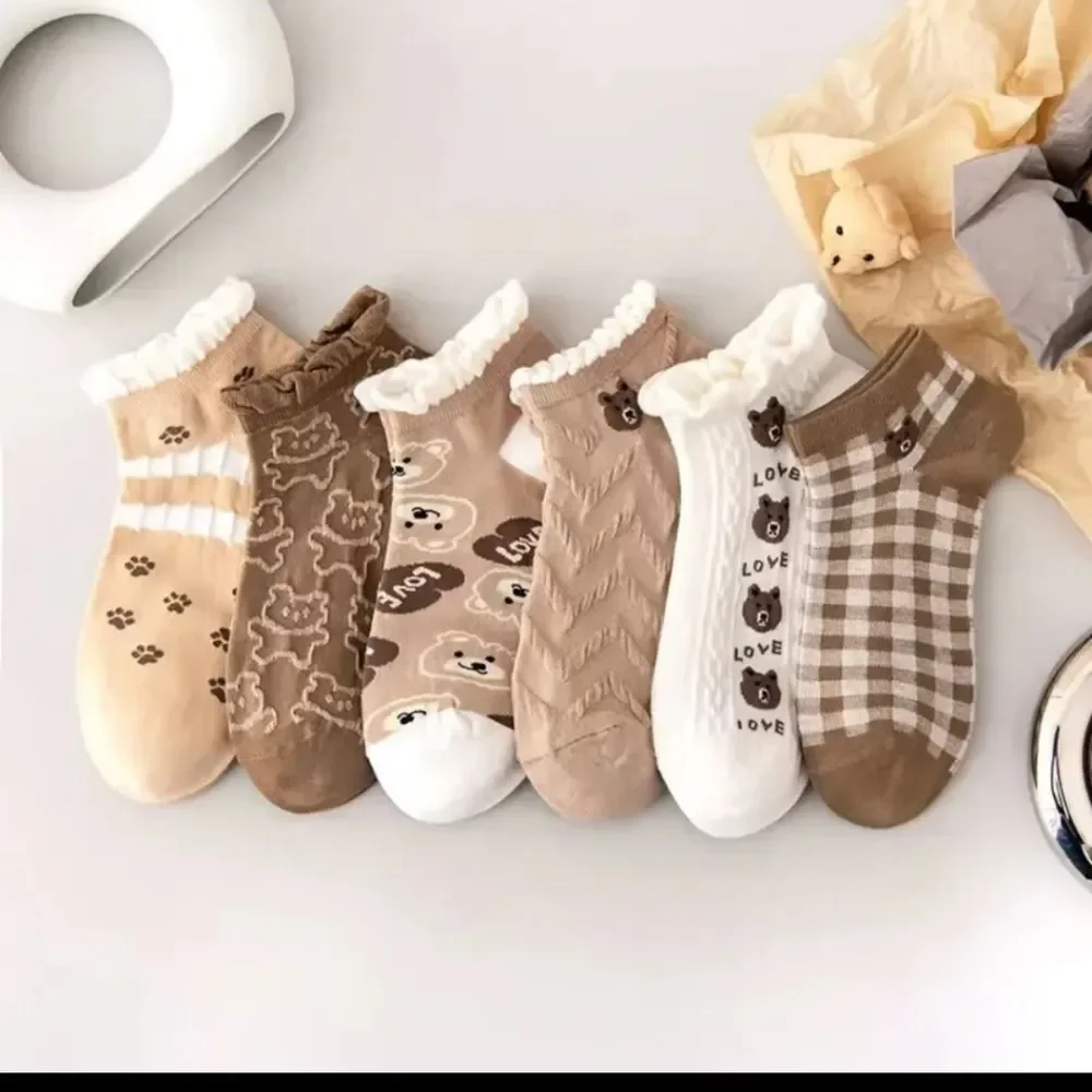 Cottagecore Teddy bear Brown ruffle ankle socks